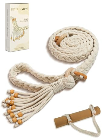 Eptusmey Yoga Mat Straps for Carrying, Handmade Braided Boho Bead Tassel Macrame Strap, Adjustable Thick Yoga Mat Carrier/Holder/Organizing, Stretching Band, Gifts for Women (Mat Not Included)