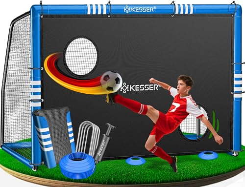 KESSER® But de football - But de football de qualité supérieure de 240 cm avec mur de but, filet d'entraînement de tir, filet résistant aux UV, cadre en acier avec rembourrage, crochet de terre, pompe