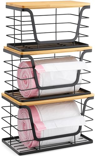 ALOCEO 3 Pack Stackable Storage Bins with Lids, Stainless Steel Trash Bag Dispenser Roll Holder for for Kitchen Sink, Laundry, Pantry Organizer and Storage