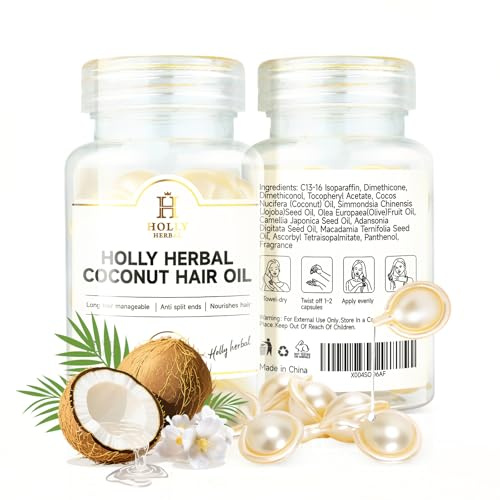 H HOLLY HERBAL Coconut Oil Hair Capsules Hair Vitamins for Women & Men, Serum Enriched with Argan Oil & Jojoba Oil & Macadamia Nut Oil for All Hair Type Frizzy Dry Curly, Vitamin C, E (30 Pcs)