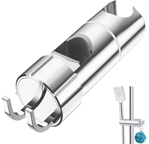 Duschkopfhalterung ohne Bohren, Handbrause Halterung Verstellbar, Universal für Duschstange 16–27 mm, mit 2 Haken, 360° drehbar Brausehalter, Verchromt, Einfache Montage