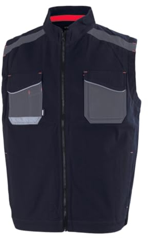 Rossini Tech - A20228 - UltraFlex Gilet da lavoro in cotone canvas stretch collo alla coreana chiusura cerniera multitasche (Blu, M)
