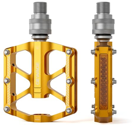 GEWAGE Pedal de liberación rápida 9/16 – Pedal Plano CNC de Aluminio Desmontable con 8 Pines Antideslizantes y reflectores para Bicicletas Plegables, Fixie y urbanas (Dorado)