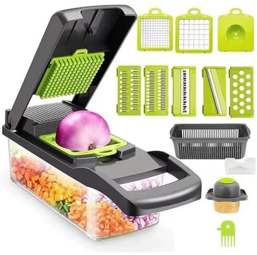 Affettatrice per alimenti, tritatore di verdure a 16 pezzi, tagliaverdure con contenitore, taglia frutta e verdura, affettatrice a julienne, per cipolla, aglio e patate in cucina
