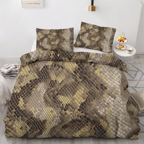 Snakeskin Duvet Cover Twin Size, Brown Snake Bedding Set 2pcs for Bedroom Room Decor, Tropical Wildlife Comforter Cover with Zipper Closure, 1 Pillowcase