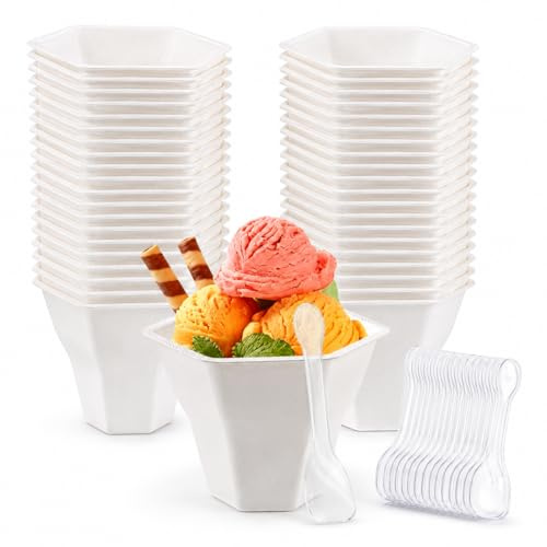 dellyy 50 Piezas Cuencos Helado Papel 200 ml, Biodegradable Cuencos para Helados Desechables con Cucharas, para Yogur Helado y Sopa, Resistentes y Antifugas, Set para Fiestas