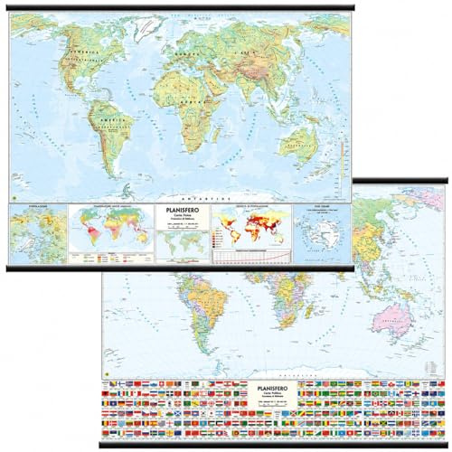 Belletti Carta Murale MONDO Scolastica con Bandiere 132x99 cm, Planisfero da Parete Bifacciale Fisico e Politico, Plastificata Antiriflesso con Aste in PVC