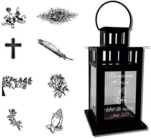 UDIG Laternen Metall Metalllaterne Grablaterne Grablicht mit Gravur Verschiedene Motive 28x15,5x15,5 cm (Schwarz weiße Gravur)