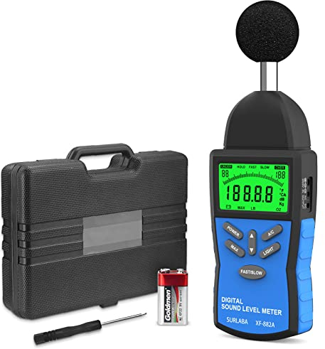 SURLABA Digitaler Schallpegelmesser, XF-882A Dezibelmesser 30-130dB (A/C), Dezibelmessgerät mit Schneller/Langsamer Zeitbewertung, Sound Level Meter für Klangqualitätskontrolle