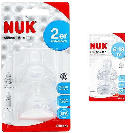 NUK First Choice Soft-Trinktülle, kombinierbar mit allen Flaschen & First Choice+ Anti-Colic-Trinksauger Silikon, kiefergerechte Form, Größe 2 (6-18 Monate) M für Milch, 2 Stück (1er Pack)