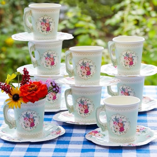 Talking Tables 24 6oz Disposable Tea Cups & Saucers Set, Vintage Floral Paper Tea Cups for Mothers Day, Afternoon Tea Party, Bridal, Baby Shower, Bridgerton, Garden Party
