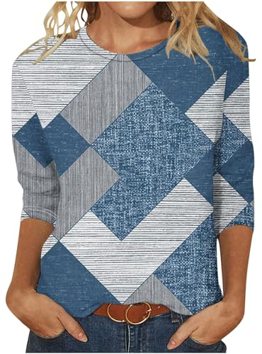 EMATOP Prime Angebote Blusenshirt Damen 3/4 Arm Tshirt Sommer Lässige Tunika Tops Lose Rundhals Bluse Longshirt Vintage Baumwolle Sommershirts Elegant Bequemes Oberteile Farbblock Longbluse