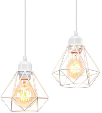 TOKIUS 2 Piezas Lámparas Colgantes Vintage Ø16cm Retro Lámpara de Techo Diseño de Jaula de Hierro Blanco E27 Plafón Iluminación de Techo Interior para Pasillo Porche Cocina Dormitorio (Colgante 1 Luz)