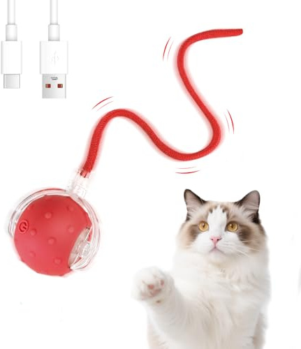Sprifityy Giocattolo Interattivo per Gatti,Pet Smart Rolling Ball,Giocattolo Interattivo con Corda Palla Automatica,Cinguettio，palla per gatti a 360 gra,ricaricabile USB,per Gatti (rosso