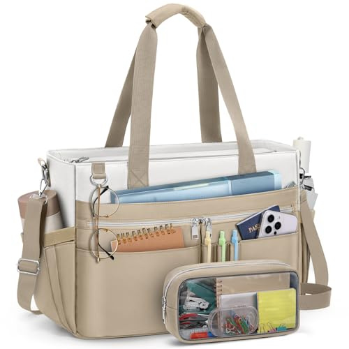 RAINSMORE Laptop Tote Bags for Women 15.6 Inch Teacher Bag Large Utility Nurse Bag Water Resistant Briefcase with Insulated Pockets for Work Office Travel University White And khaki