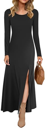 AUSELILY Women Long Sleeve Dress UK Maxi Ladies Slit Elegant Long Dresses Black M