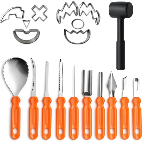 Flow fire 18Pcs Pumpkin Carving Kit, 10 Pcs Pumpkin Carving with 8 Stencils, 1 Storage Bag, and 1Hammer, Stainless Steel Making Tool Set for Halloween Party DIY