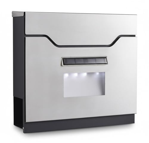 Briefkasten Edelstahl mit Zeitungsfach Wandbriefkasten Solar LED Licht Postkasten Wetterfest Hausbriefkasten 36,5x37x10,5 cm