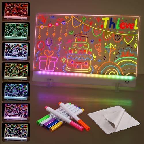 Thlevel Tableau à dessin LED En acrylique transparent Rechargeable 30 x 20 cm avec 7 couleurs interrupteur Mémo Effaçable Bloc-notes