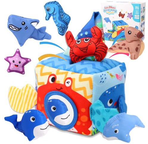 Kunaxku Giocattolo per Bambini in Peluche Rappresentanti delle Creature Marine Giochi Montessori con 7 Peluches, Specchietti, Sciarpa di Seta per Bambino Regalo 6-12 Mesi Sviluppo Sensoriale