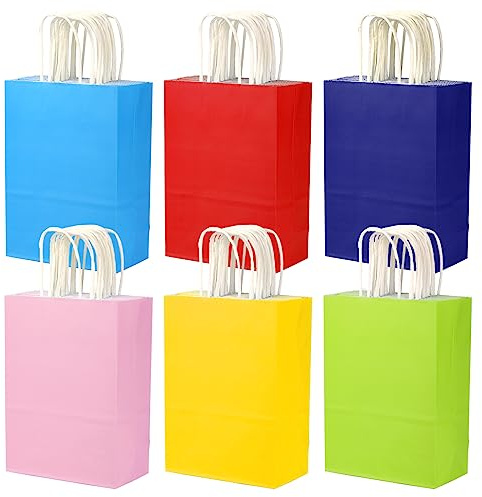 Suwimut 60 Pieces Paper Favor Bags, 6 Colors Rainbow Paper Gift Bags Colored Kraft Goodie Bags with Handle for Birthday, Party, Wedding and Celebrations