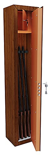 Armadio Portafucili Armi Blindato Fuciliera In Acciaio Effetto Legno Con Cassetto Tesoretto Con Serratura E Chiave A Doppia Mappa Cassaforte Sicura Puebla Colore Marrone 148 x 30 x 25 Cm (4 Posti)