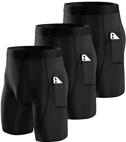 Niksa 3 Packs Mens Compression Shorts Running Base Layer Shorts Men's Workout Shorts with Cell Phone Pockets Tight Dry and Breathable Sports Shorts for Cycling Yoga Boxing Gym, Black,L