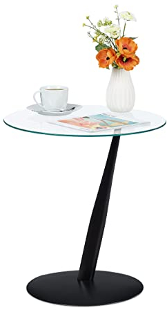 Relaxdays Beistelltisch, runder Couchtisch, H x D: 49 x 45 cm, Glas & Stahl, für Wohnzimmer, moderner Sofatisch, schwarz