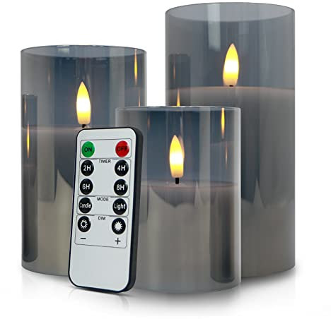 SHEDALED Glass Flameless Candles with Timer & Remote Control, Battery Operated Flickering Candle, Gray Glass LED Candles Gift Set, Set of 3 Pillar Battery Candles of 4 5 6 for Home Decor