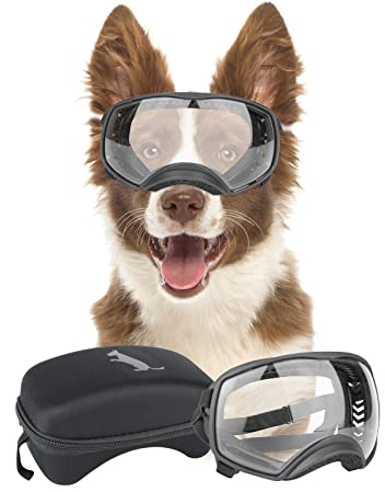 NAMSAN Hundebrille mit Weit Sichtfeld, UV-Schutz Große Hunde Sonnenbrille, Augen Schützen Klare Hund Schutzbrille mit Verstellbare Band und Schwammnasenpads