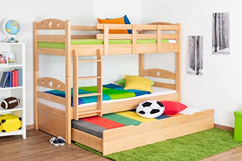 Etagenbett Stockbett Easy Premium Line K19/h inkl. Liegeplatz und 2 Abdeckblenden, Kopf- und Fußteil mit Löchern, Buche Vollholz massiv Natur - Liegefläche: 90 x 200 cm (B x L), teilbar