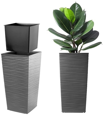 KADAX Pflanzkübel mit Innentopf, Höhe 68cm, 34x34cm, ca. 38L – Grafit, Frostsicherer Blumentopf für Innen & Außen, Garten, Balkon & Terrasse, UV-beständig, wetterfest
