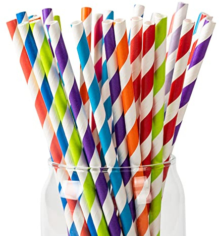 PakTalk [100 Pack] Paper Straws, 10 Assorted Bright Rainbow Striped Drinking Straws for Juice Cocktails Smoothies Cake Pop Sticks Birthday Wedding Christmas Party Decoration(0.24 x 8.27, 10 Colors)
