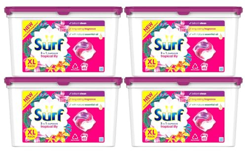 Surf 3-in-1 Tropical Lily Washing Detergent Capsules Brilliant Clean Long Lasting Fragrance and Made with Natural Essential Oil Laundry Detergent XL Pack, 45 Washes (Buy 4)