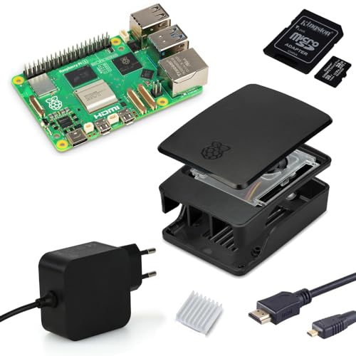Raspberry Pi 5 8GB Starter-Kit schwarz | USB-C 45W Netzteil | Gehäuse mit Lüfter | Ultra 64 GB SD Karte | 4K Micro HDMI Kabel | Kühlkörper | Raspberry Pi 5 8GB RAM