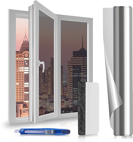 Fensterfolie Sonnenschutzfolie Fenster Innen - 60x200 cm - Spiegelfolie Fenster Sichtschutz, Spiegelfolie Selbstklebend, UV-Schutz Sichtschutzfolie Fenster, Silber Hitzeschutzfolie für Haus, Büro