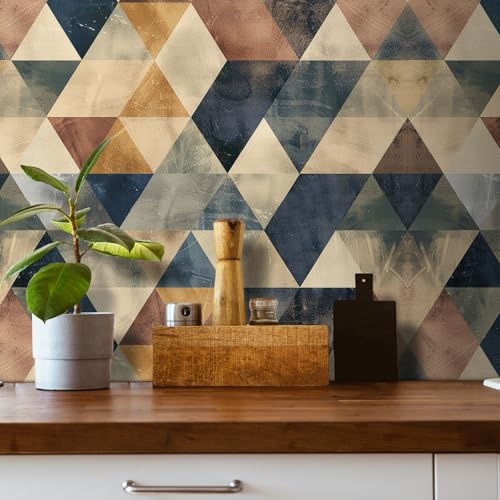 Livelynine Retro Wallpaper Peel and Stick Green Blue Brown Mustard Yellow Geometric Wall Paper for Bathroom Waterproof Groovy Vintage Retro Kitchen Contact Paper for Cabinets Drawers Walls 17.5x78.8