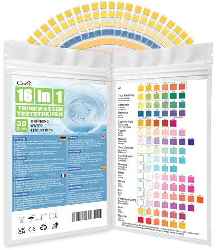 COZII Wassertester Trinkwasser 30 x 16 in1 Wasserteststreifen für Trinkwasser Schnelltest - Einfache Überprüfung der Wasserqualität - Wasserteststreifen mit Härte, Blei, Eisen, Kupfer