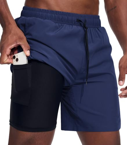 Danfiki Sportbyxor för män, korta löparshorts, korta 2 i 1 löpshorts med inbyggda fickor