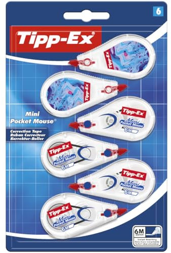 Tipp-Ex Mini Pocket Mouse Rubans correcteurs avec film plastique anti-déchirure - 2 motifs Hydro Dipping + 4 originaux, lot de 6