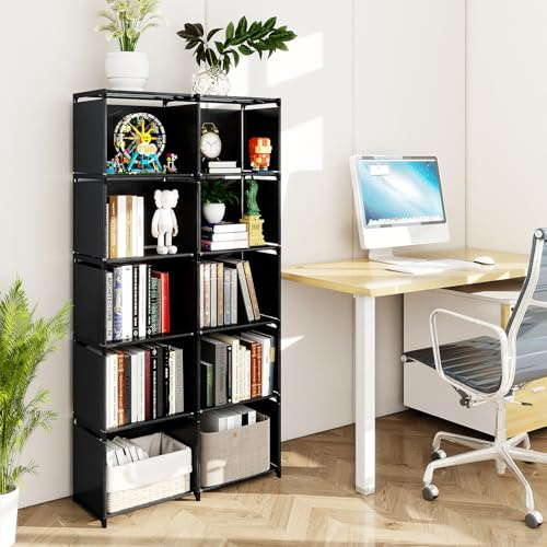 CROWNSHOP Bookshelf, 5-Tiers Bookcase with Fabric Cloth at Back, 10 Cube Storage Unit, Double Row Modular Bookshelf Organiser, Living Room, Bedroom (Black, 5-Tiers)