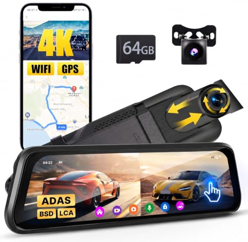 Inefala Dashcam 9,66 tum 4K wifi GPS-spegel, 4K främre bilkamera, bakre 1080P, pekskärm, G-sensor, appviidura, 64 GB kort, ADAS, parkeringsövervakning, nattseende