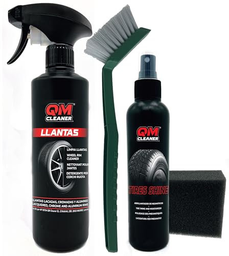 QM Cleaner Kit Limpieza de Llantas y Abrillantador de Neumáticos para Automóvil | Incluye 500ml Limpia Llantas, 200ml Abrillantador de neumáticos, Cepillo y Esponja