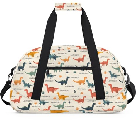 Dinosaur Baby Travel Bag - Personalized Kids Duffle Bag with Adjustable Strap, Water-Resistant Sports Duffle Bag for Boys, Dinosaur Text Brown