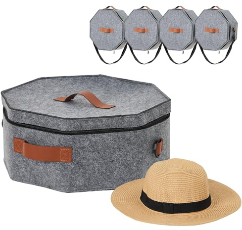 GarveeMore 4 Pcs Hutschachtel mit Deckel Hutbox Für Reise, 43x18cm Faltbare Reise Hutbox, Tragbare Huttasche Mit Schultergurt und 2 Griffen Hut Aufbewahrungsbox für MäNner und Frauen, Grau