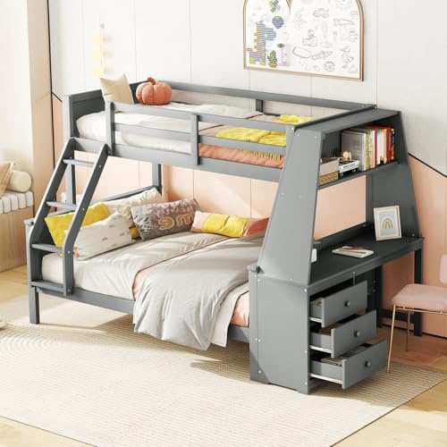 EURHCIO Lit Superposé Enfant 90/140x200cm,Lit Superposé 3 Places avec Bureau,3 Tiroirs,étagère,Escalier,Garde-Corps Haut,Sommier à Lattes Robuste,pour Enfants Ados(Gris, 90/140)