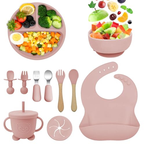 Guyisile 11 Piezas Vajilla para Bebés de Silicona Con Ventosa,Libre BPA | Vajilla de Silicona Plato Bebe,Baby Led Weaning,Cubiertos Infantiles Tazón de Platos,Cuchara de Babero,Taza de agua Potable