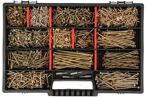 Holzschrauben Set XXL Sortiment, 1000-teilig, Torx Antrieb, Spanplattenschrauben 3x12 bis 4,5x80mm inkl. Bits Premiumqualtiät