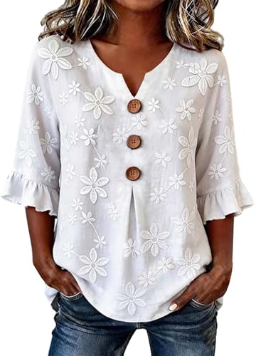 Mlykosd damskjorta linne vit, damblus elegant l3/4 ärm volangblus, Vit, XL