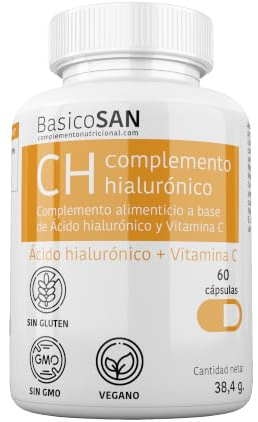 CH Complemento Hialurónico con Vitamina C 60 Cápsulas – ácido hialurónico para piel y cutis – Fórmula vegana sin gluten ni GMO – Apoyo diario para la formación de colágeno. BasicoSan